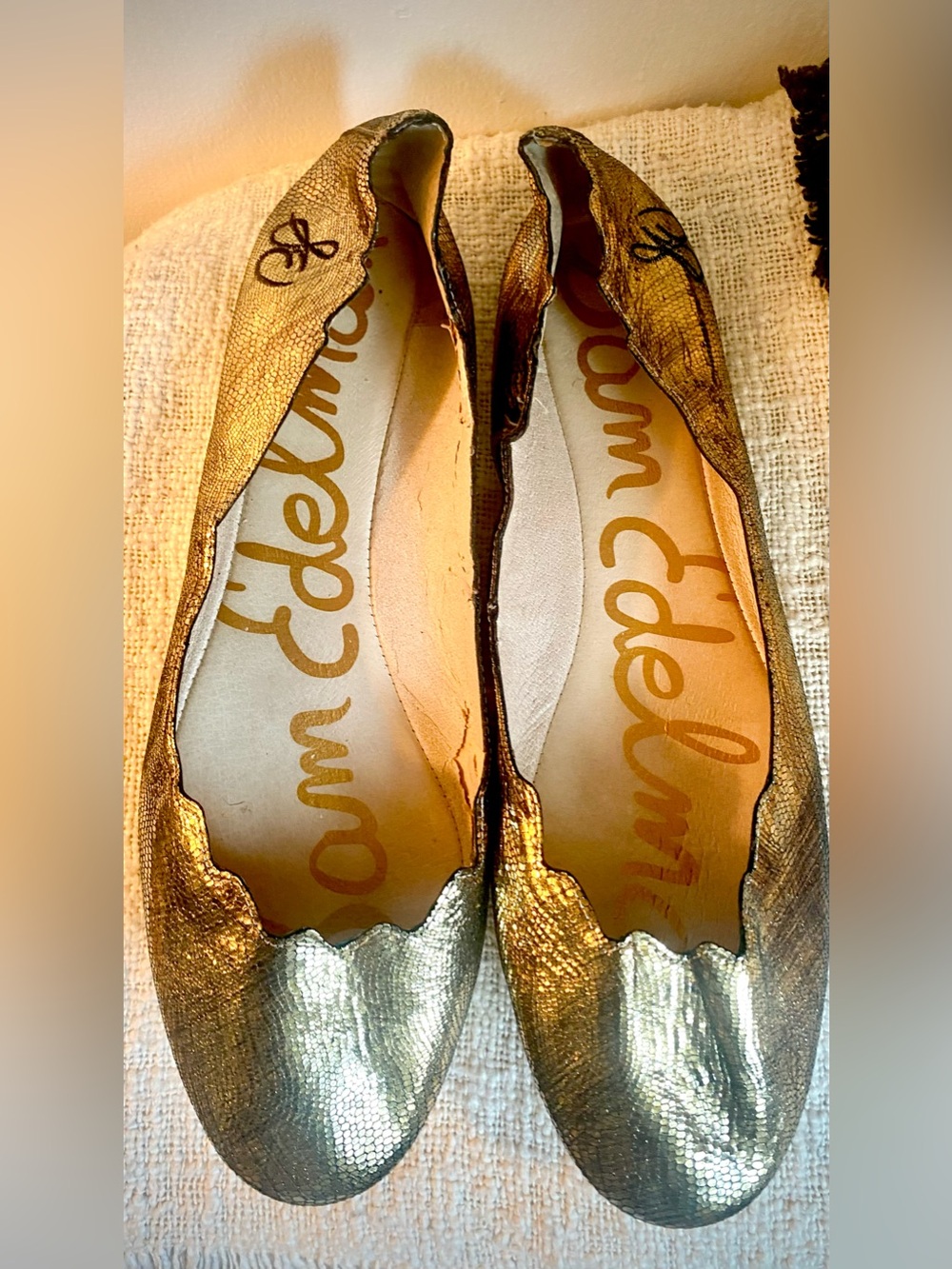 Sam Edelman Shimmering  Gold with Black etchings Scalloped Ballet Flats Size 12